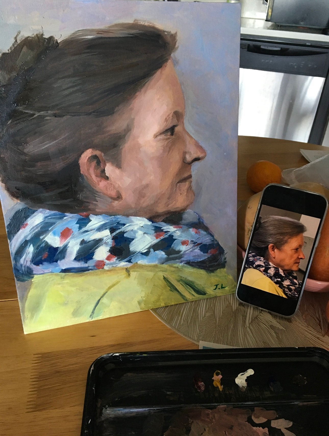 Woman with Red Dotted Scarf — oil portrait commission example by J.X. Luo